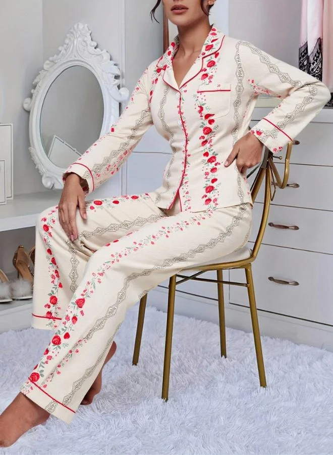 Take Two Women Striped Floral Print Shirt and Pyjama Set